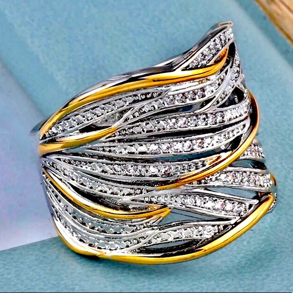 NWT crystal zircon gold plate trim accent cocktail silver plated ring DP size7 - Picture 1 of 13